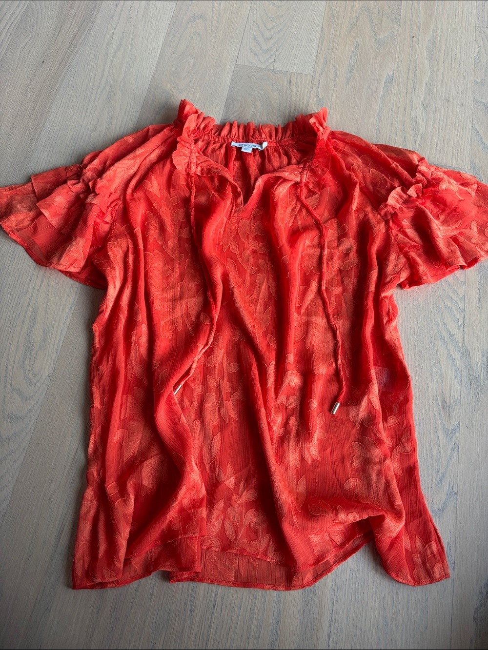 Chico's Coral/Orange Floral Tie-Neck Peasant Blouse